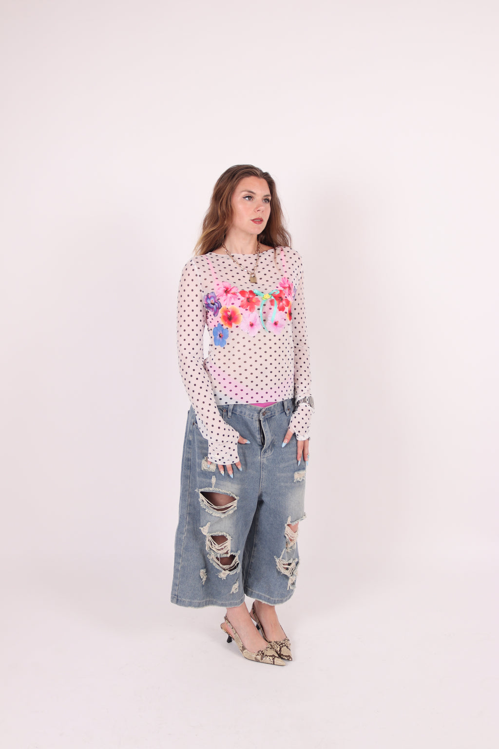 BACHI ✧ Polka Dot + Hibiscus Mesh Top