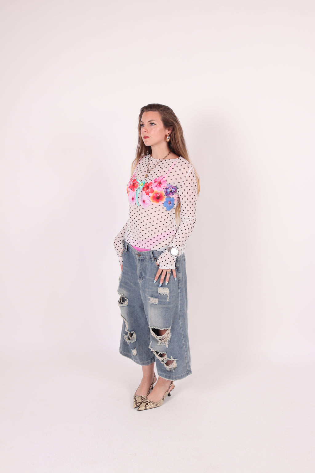 BACHI ✧ Polka Dot + Hibiscus Mesh Top