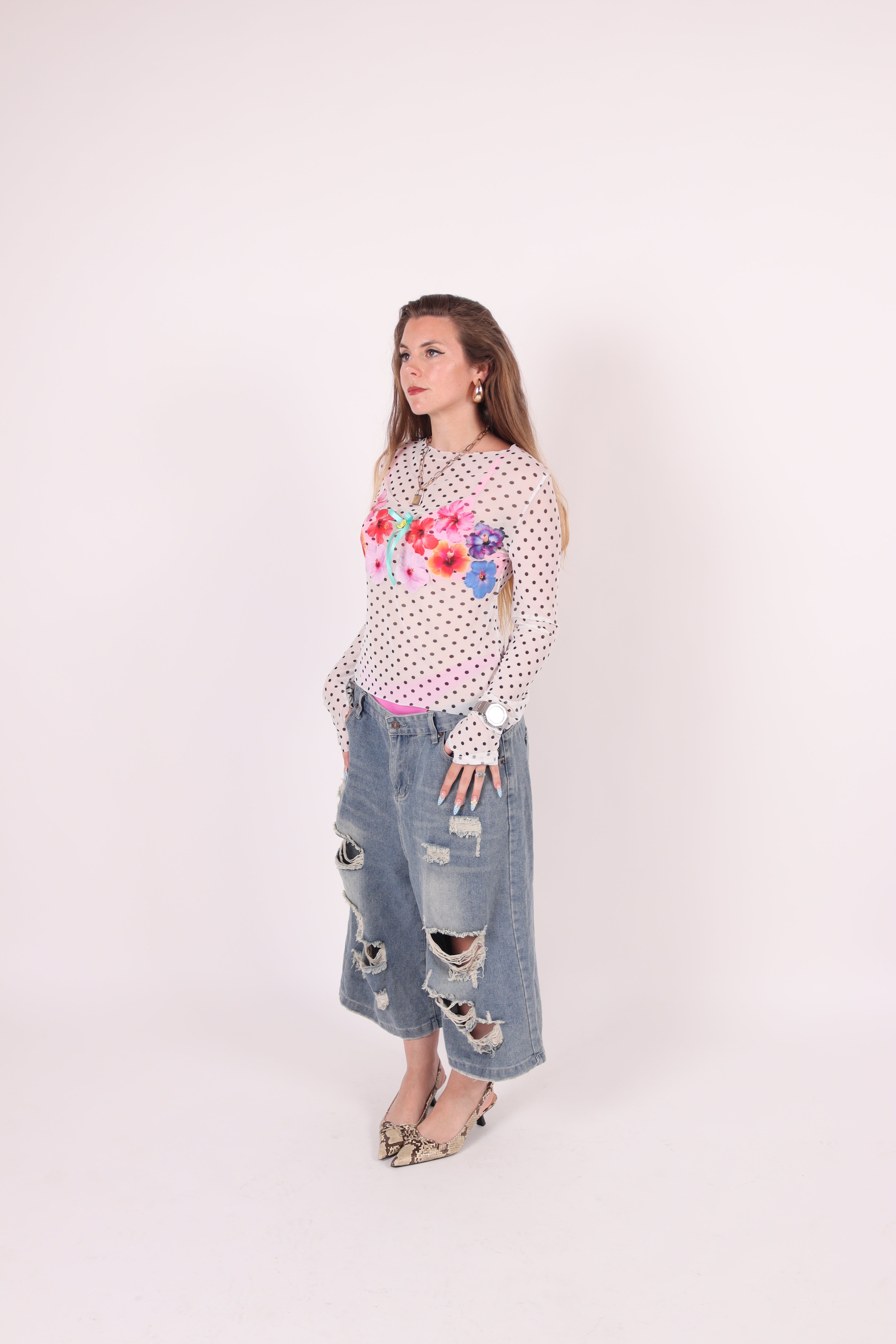 BACHI ✧ Polka Dot + Hibiscus Mesh Top