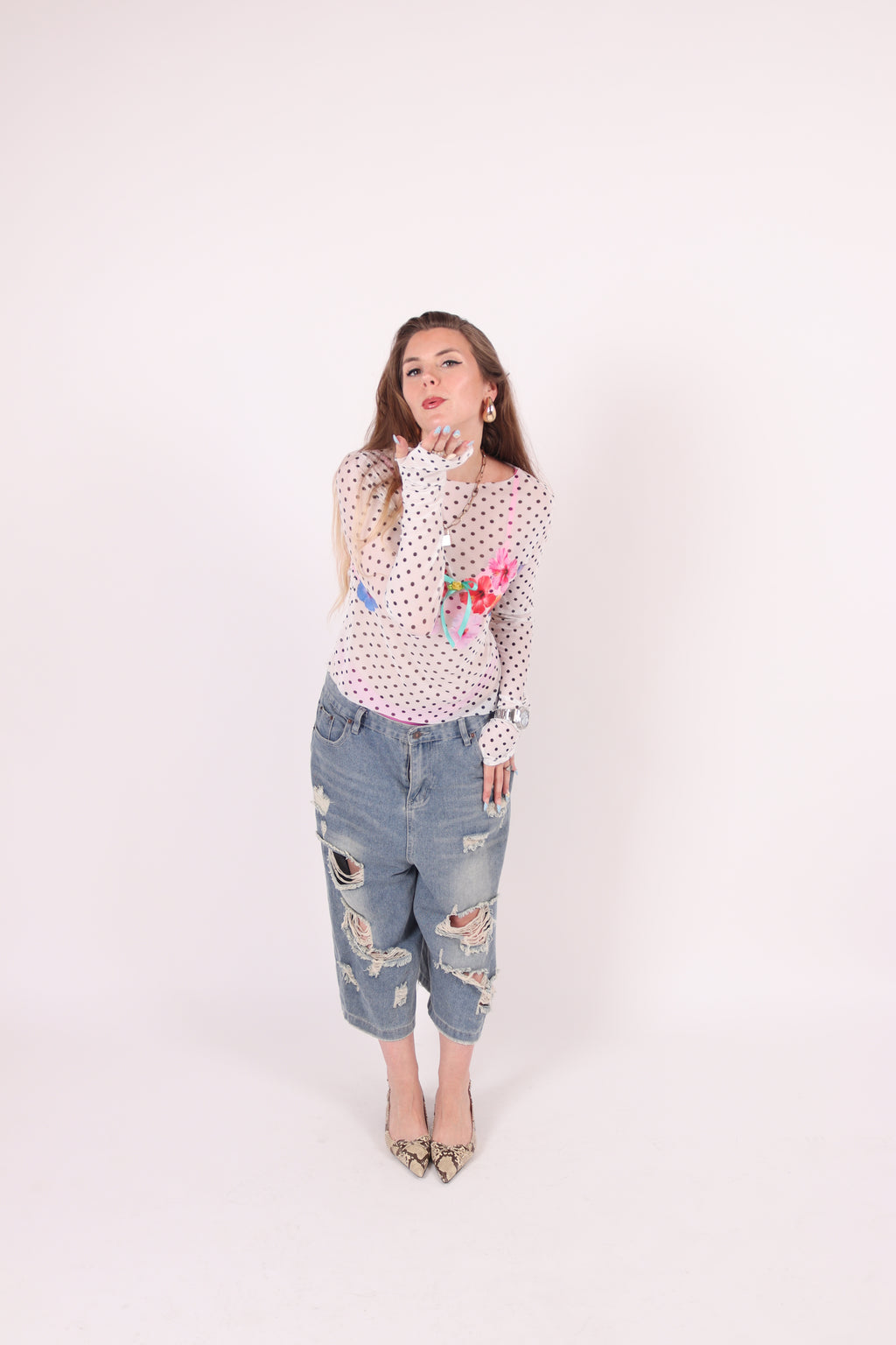 BACHI ✧ Polka Dot + Hibiscus Mesh Top