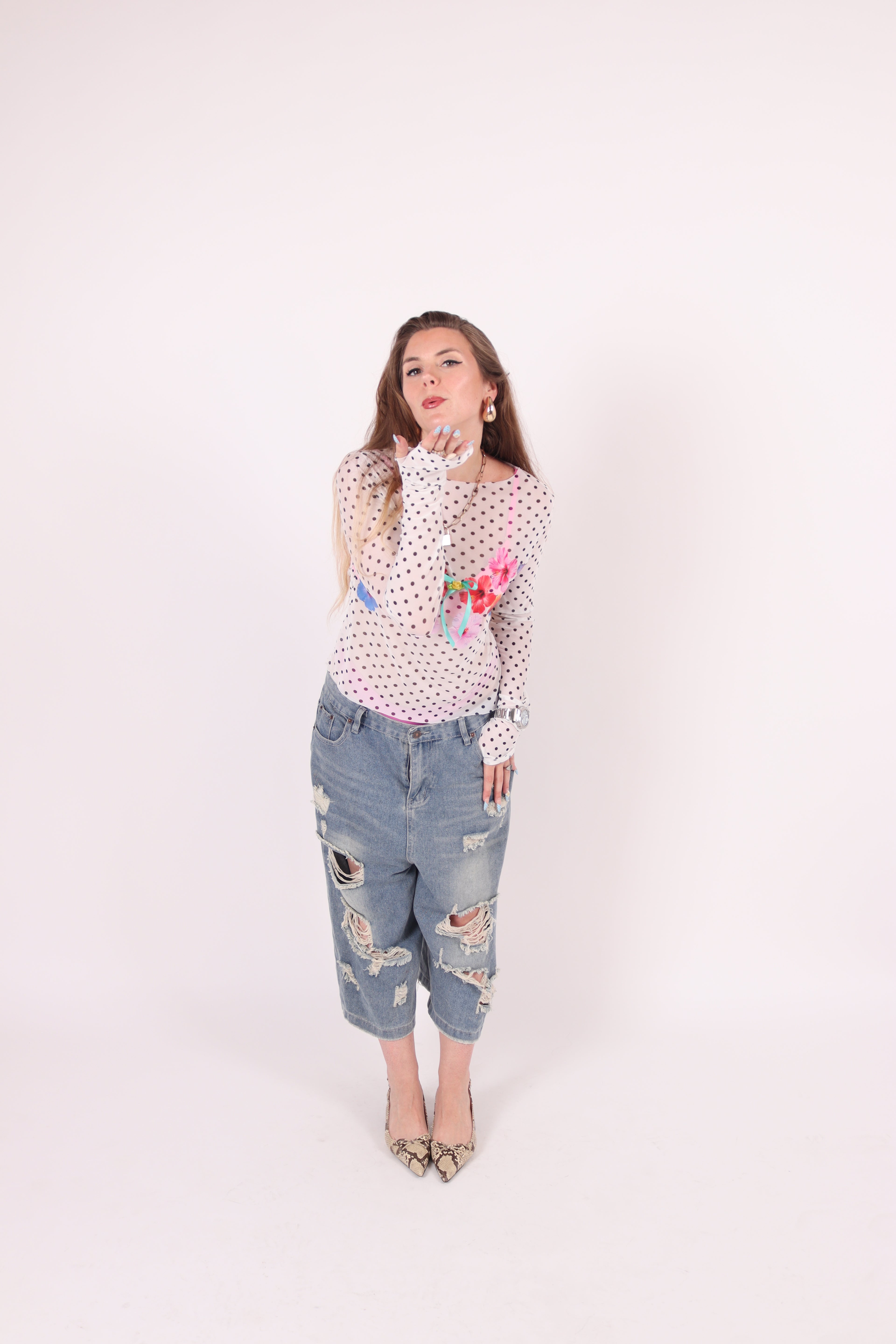BACHI ✧ Polka Dot + Hibiscus Mesh Top