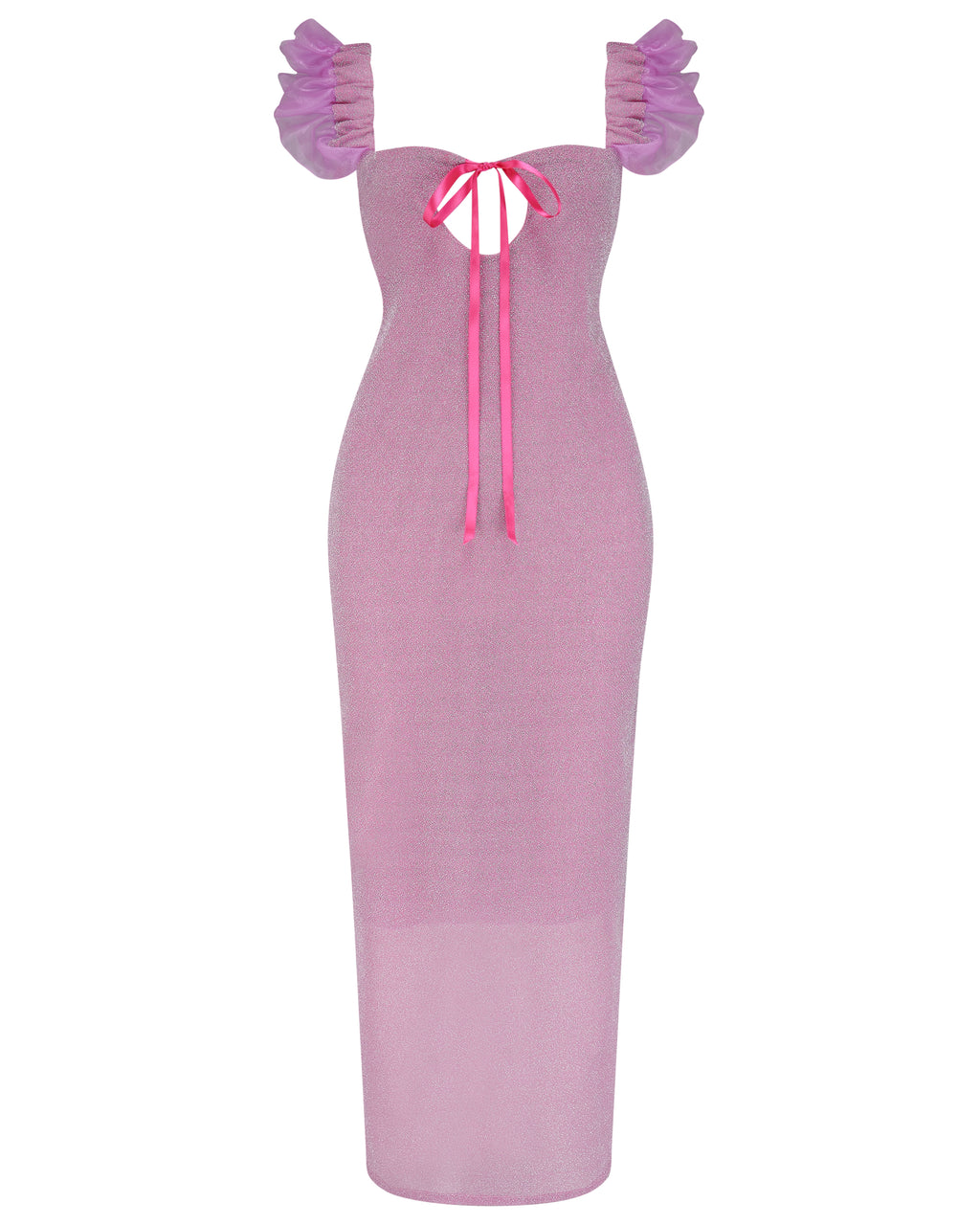 Pink long glitter dress with ruffled straps, keyhole bust with ribbon - Juno Dress - Delta Of Phoenix
