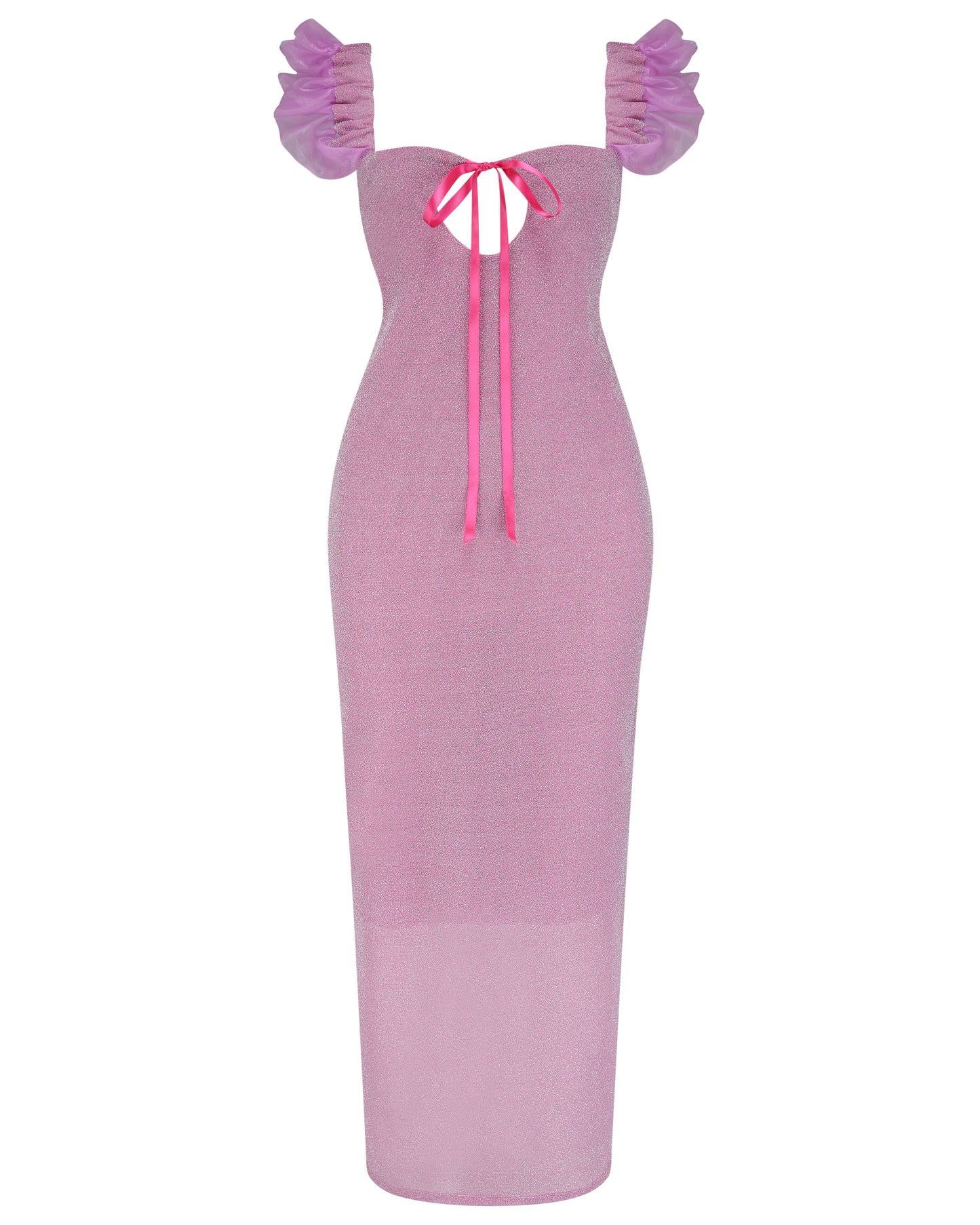 Pink long glitter dress with ruffled straps, keyhole bust with ribbon - Juno Dress - Delta Of Phoenix