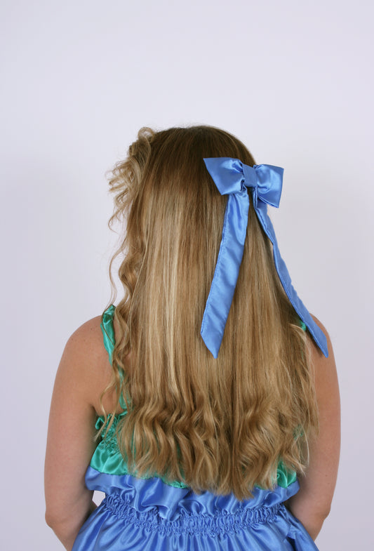 LONG HAIR BOW ✿ in Luxe Denim Blue Silk