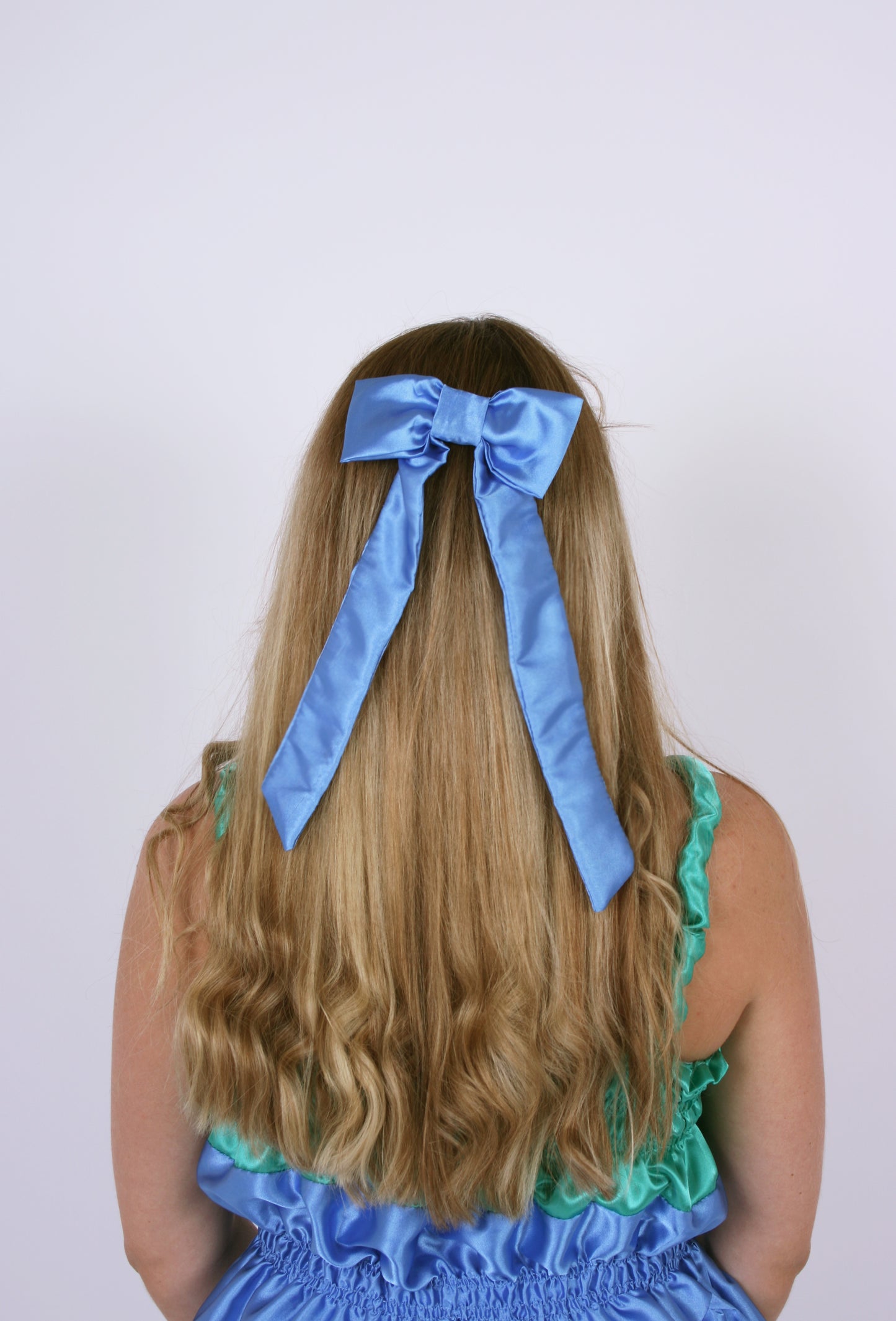 LONG HAIR BOW ✿ in Luxe Denim Blue Silk