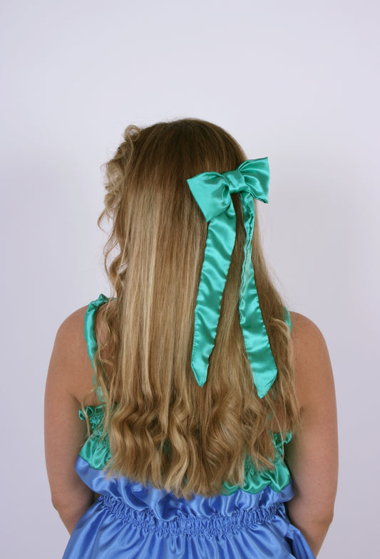 LONG HAIR BOW ✿ in Luxe Mermaid Green Silk