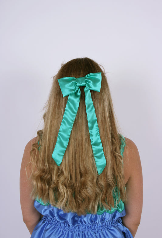 LONG HAIR BOW ✿ in Luxe Mermaid Green Silk