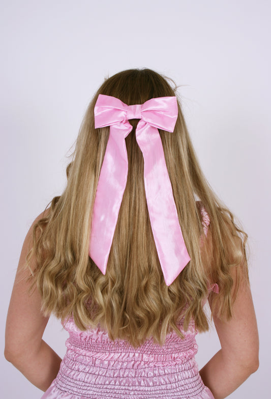 LONG HAIR BOW ✿ in Bubblegum Pink Taffeta