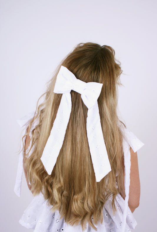 LONG HAIR BOW ✿ in Luxe White Broderie Anglaise Cotton