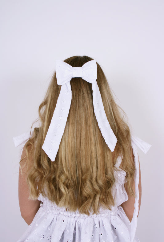 LONG HAIR BOW ✿ in Luxe White Broderie Anglaise Cotton