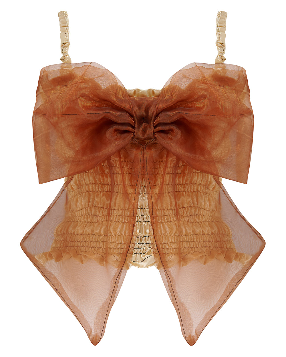 A gold satin top with an elasticated shirring bodice and a terracotta brown organza bow on the front. It features shoulder straps with elasticated and ruched details. Delta Of Phoenix Naomi Bow Top