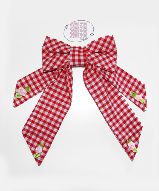 HAIRBOW ✿ in Red Gingham with Pink Rosette Detail