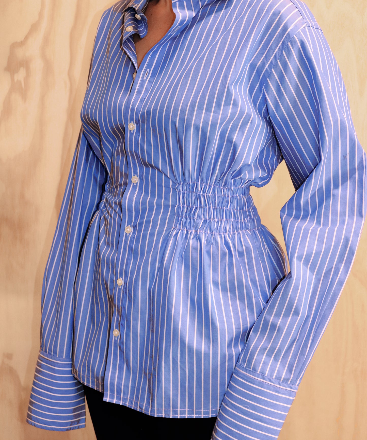 Delta Of Phoenix Shirt rework upcycle fashion blue white pinstripe