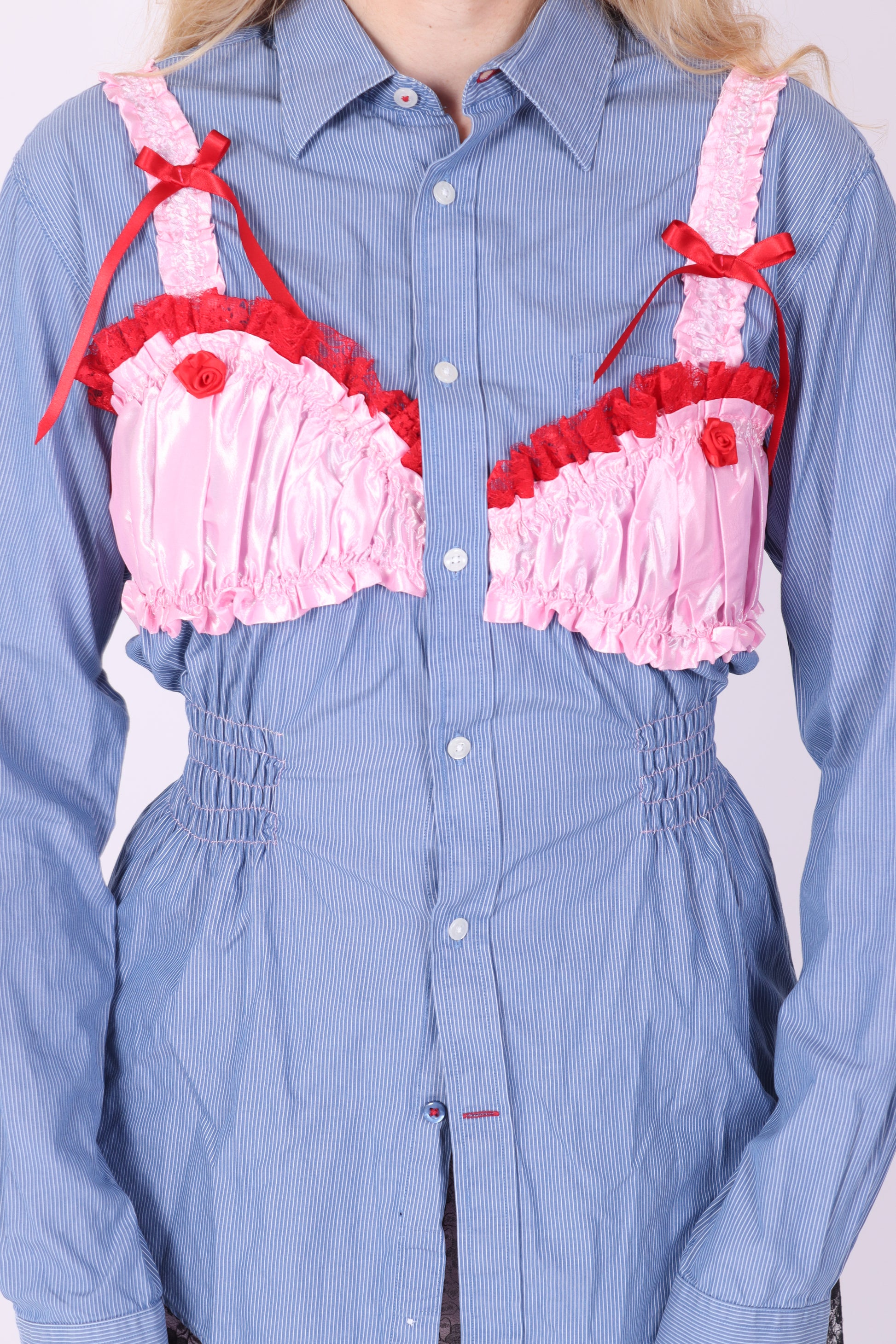 REWORK SHIRT DELTA OF PHOENIX BLUE PINSTRIPE PINK RED BRALETTE 