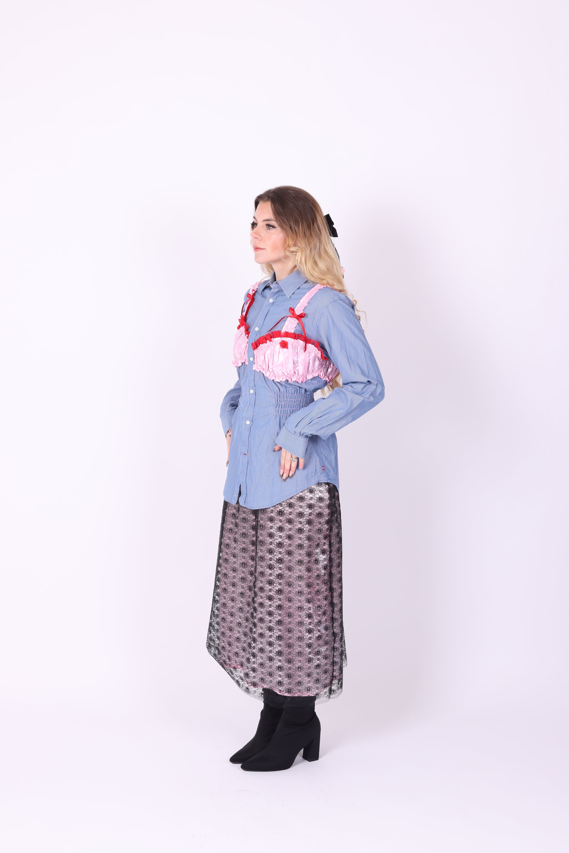 REWORK SHIRT DELTA OF PHOENIX BLUE PINSTRIPE PINK RED BRALETTE 