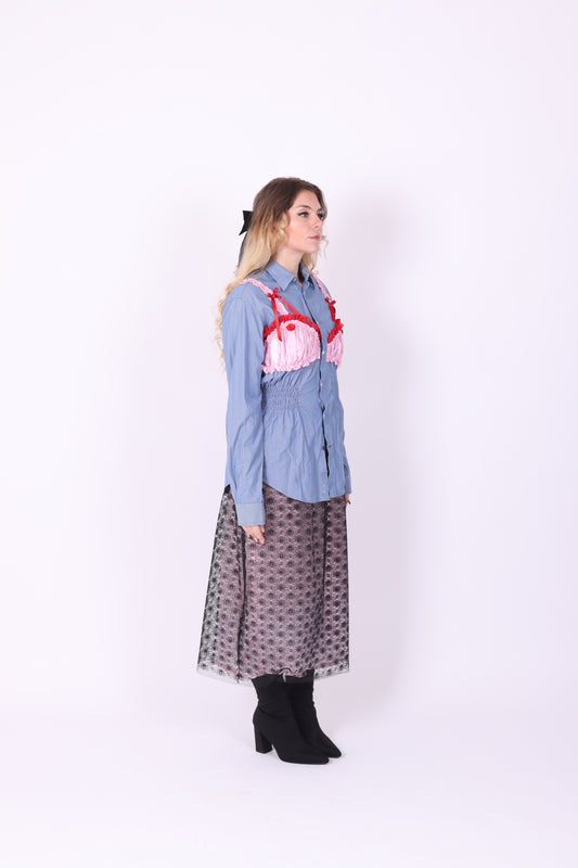 REWORK SHIRT DELTA OF PHOENIX BLUE PINSTRIPE PINK RED BRALETTE