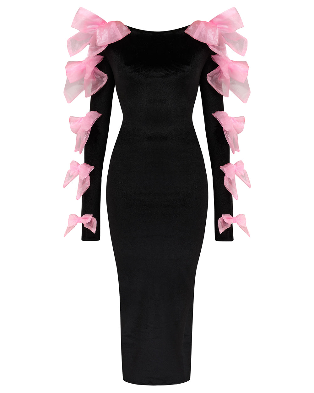 Regina Dress ♡ Black Velvet Maxi Dress with Pink Bow Sleeves