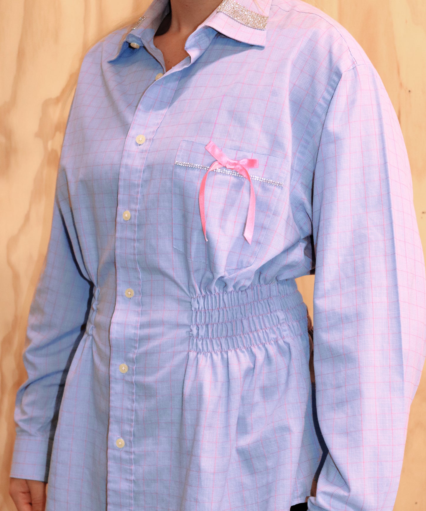 Delta Of Phoenix shirt rework blue shirt coquette pink bow