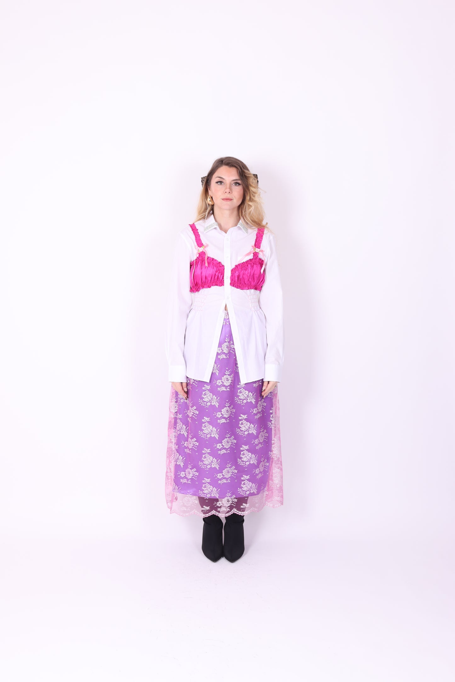 WHITE REWORK SHIRT PINK BRALETTE DELTA OF PHOENIX