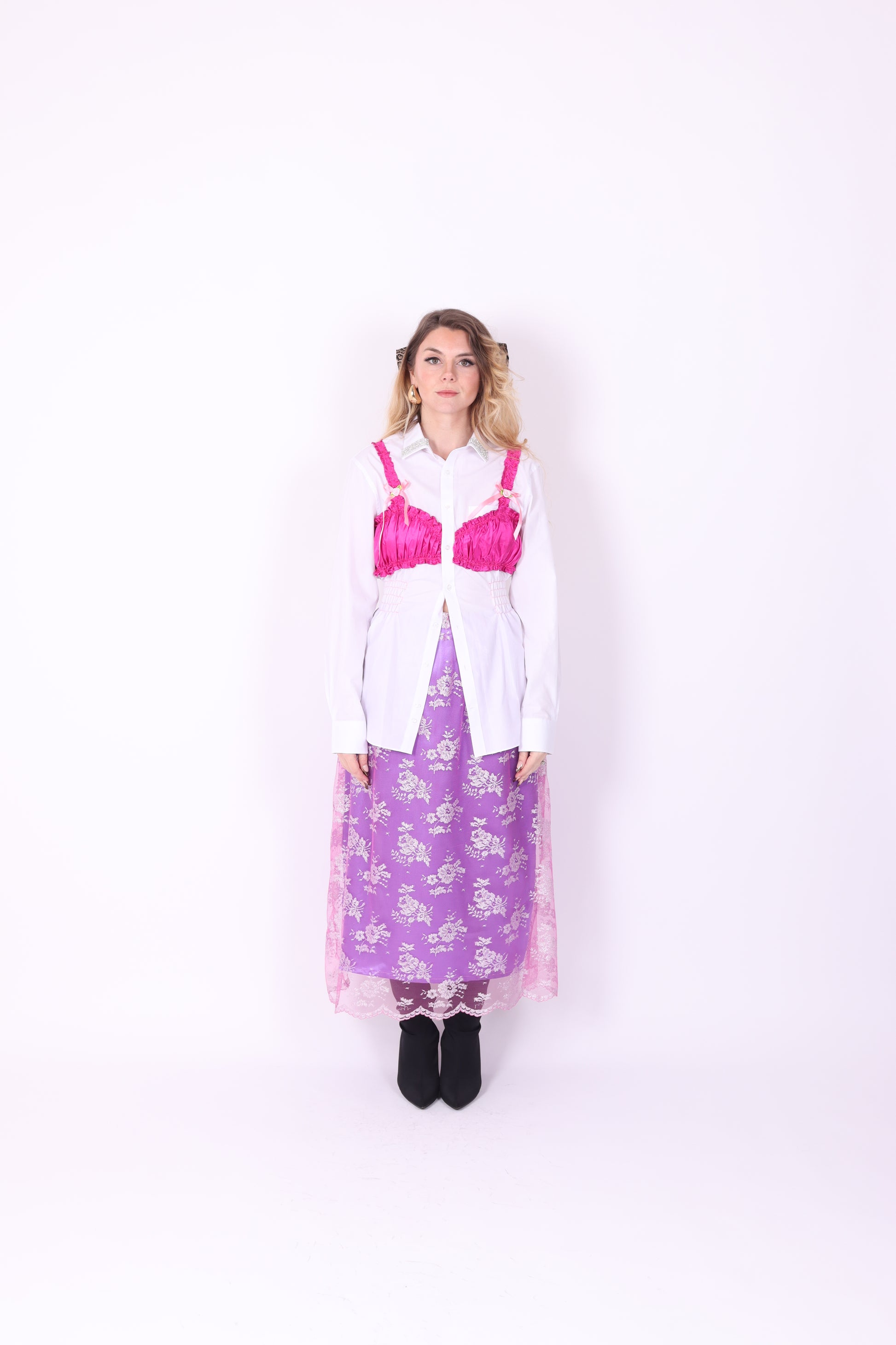 WHITE REWORK SHIRT PINK BRALETTE DELTA OF PHOENIX