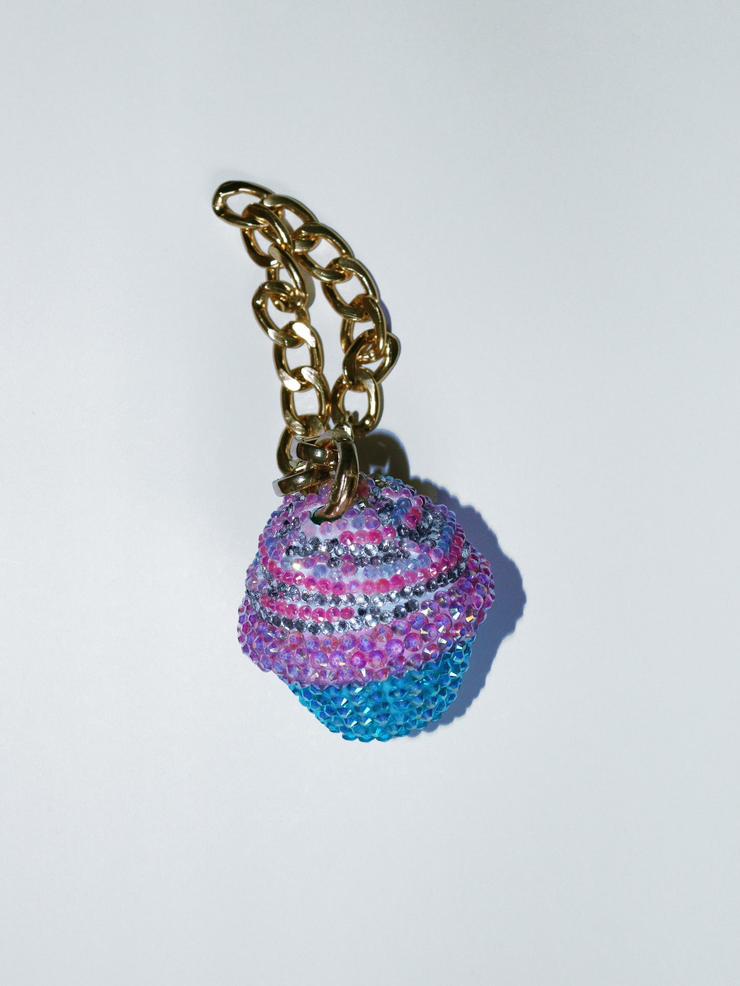 PINK AND BLUE CUPCAKE BAG CHARM - RHINESTONE - GOLD CHAIN - DELTA OF PHOENIX