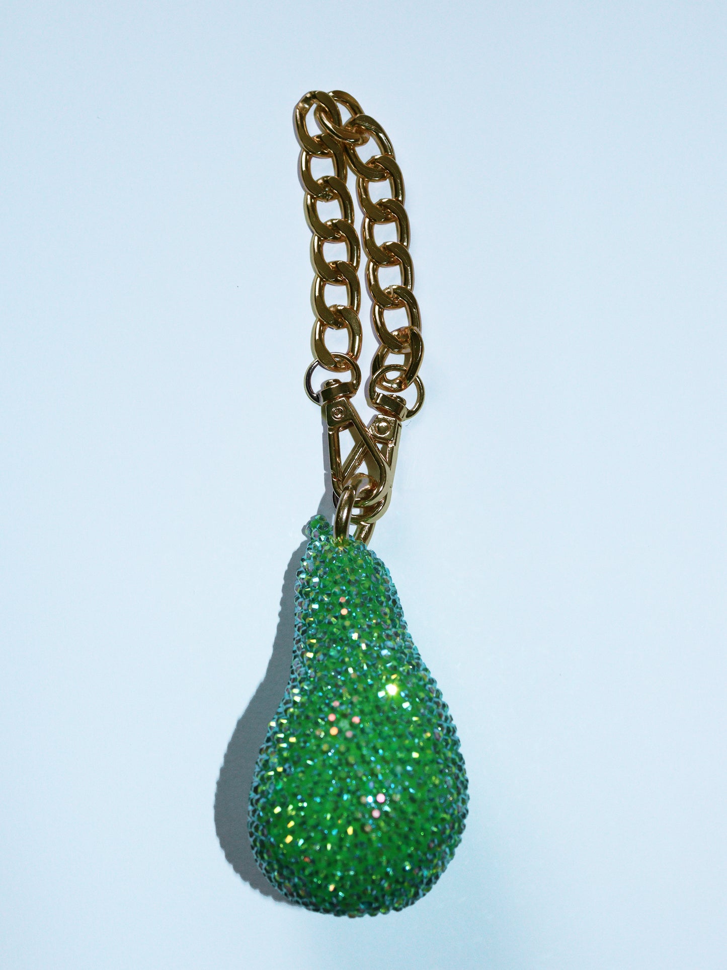 GREEN PEAR BAG CHARM - RHINESTONE - GOLD CHAIN - DELTA OF PHOENIX