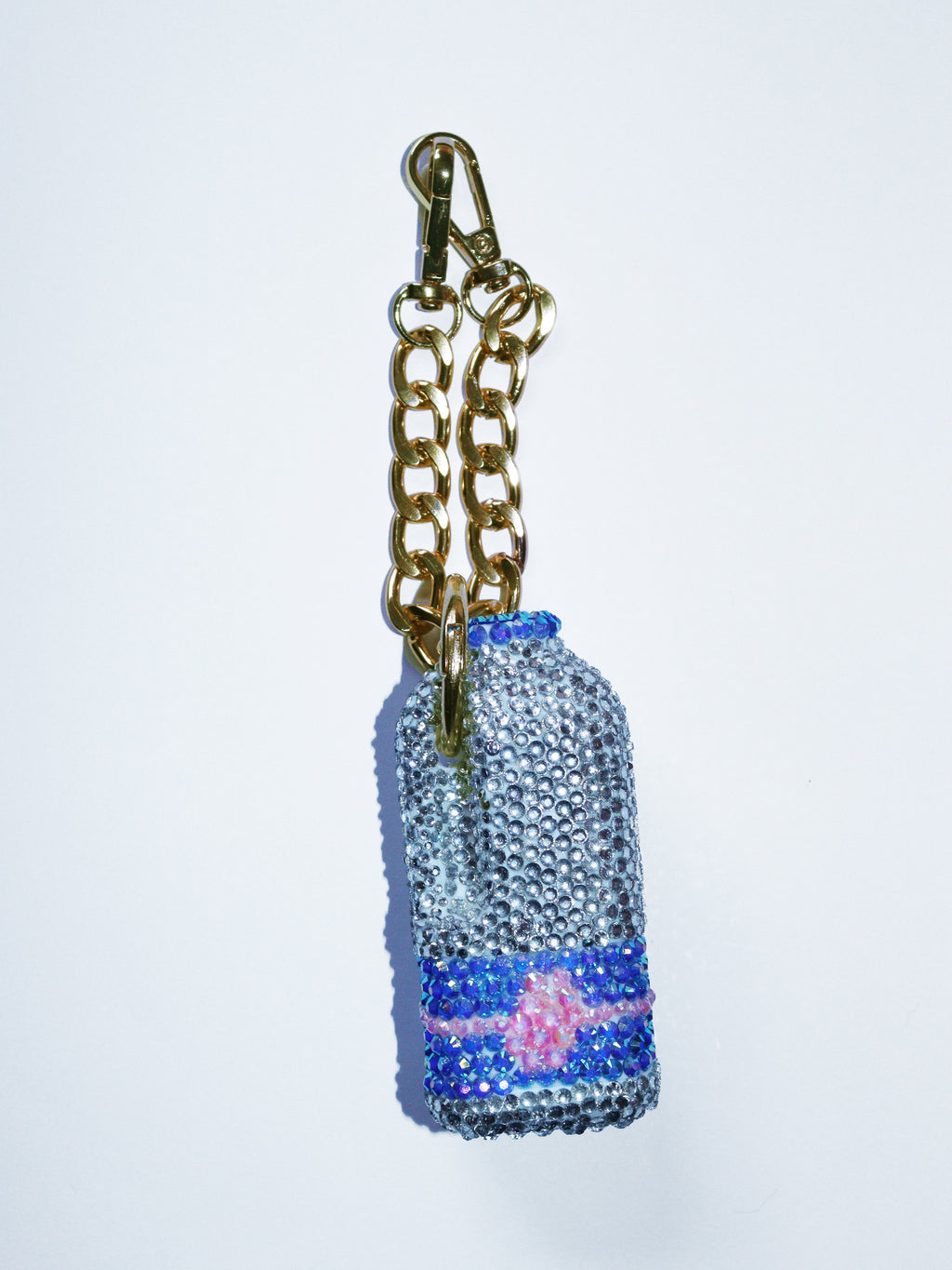 PINT OF MILK SILVER BLUE AND PINK BAG CHARM - RHINESTONE - GOLD CHAIN - DELTA OF PHOENIX